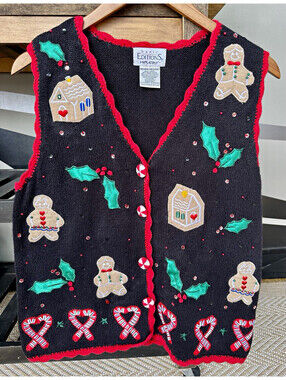 Basic Editions Women’s M Knit V-Neck Sweater Vest Christmas Gingerbread Black